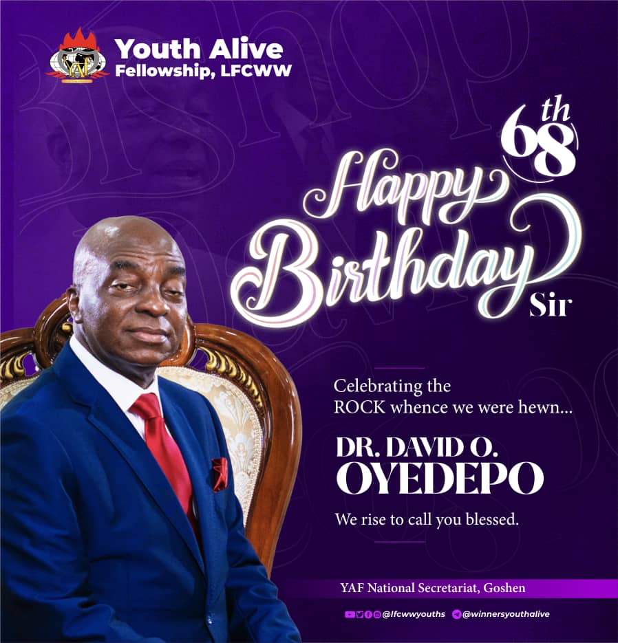 youthaliveglb's tweet photo. Happy birthday to God's servant, our Father @davidoyedepomin

We rise to call you blessed on this occasion of your 68th birthday anniversary.

Happy birthday Daddy. https://t.co/HGz4wcbgwI