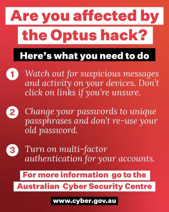 Are you an Optus customer or worried about the Optus data breach? Follow these simple tips to protect your personal details online. Check out <a href="/CyberGovAU/">Australian Cyber Security Centre</a> for more.