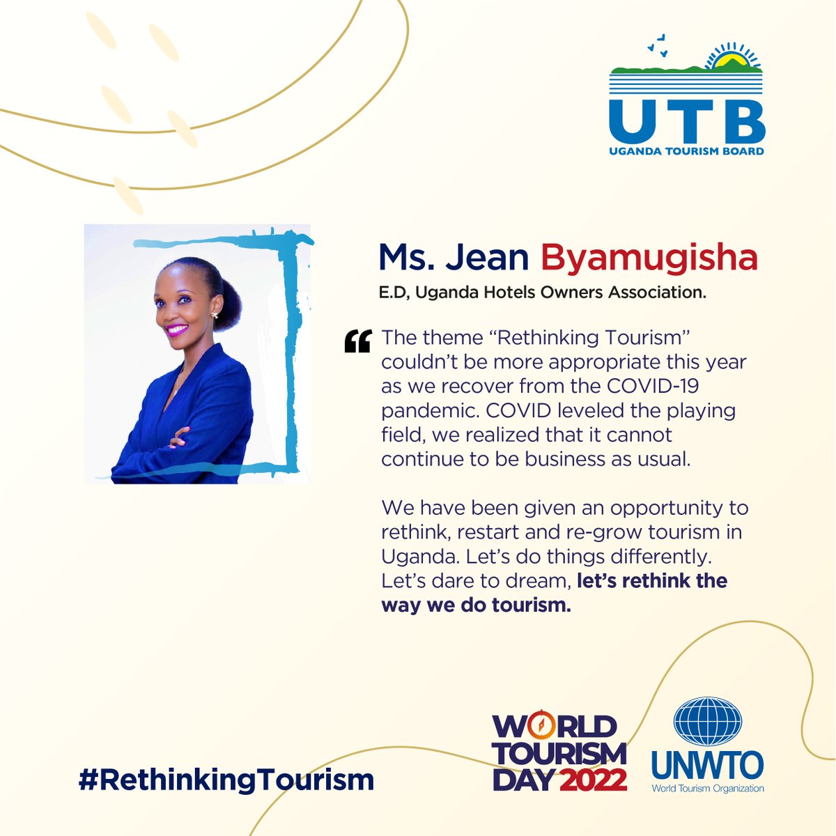'We have been given an opportunity to rethink, restart and re-grow tourism in Uganda.' Here is Ms. Jean Byamugisha's message for #WorldTourismDay. 🇺🇬 #UniquelyOurs #ExploreUganda