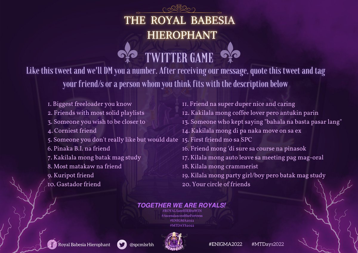 spcmlsrbh's tweet photo. ROYALS! Who’s up for some games? We all are!

Hit the like button and wait for our message. Join now💜💜💜

#ROYALSareHIERtoWIN
#AscendanceoftheFortress
#ENIGMA2022 
#MTDAYS2022 https://t.co/f15IqSFXq6