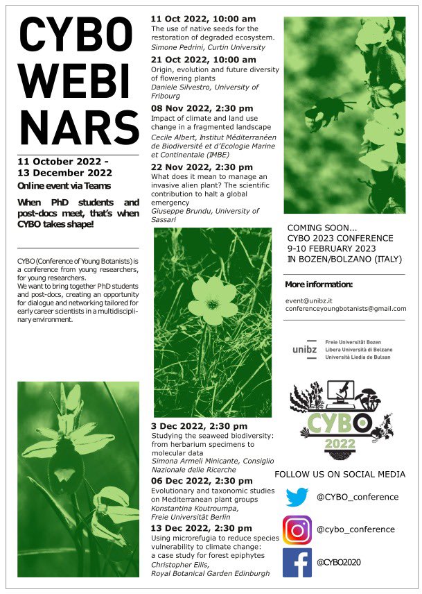 cybo_conference's tweet photo. Dear all, #CYBO is coming back with another series of #webinars. Registration for the FREE participation is not open yet but keep updated following our social networks and…save the dates!
#botany #roadtocybo2023 #cybo2022 #plantscience #plantecology #botanists #phdstudents https://t.co/0fndS3MUHE