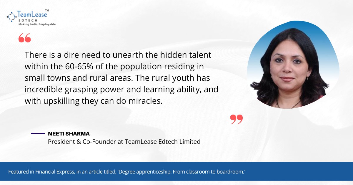 TeamLease Edtech - ELS (@learningels) on Twitter photo Neeti Sharma, President & Co-Founder at TeamLease EdTech Limited has been featured in <a href="/febdonline/">The Financial Express</a>. Read the full article: lnkd.in/gKx-PwZa
#MakingIndiaEmployable #TeamLeaseEdtech #futureofwork #management #learningeveryday #employeeexperience #hrexperts #training #team Neeti Sharma, President & Co-Founder at TeamLease EdTech Limited has been featured in <a href="/febdonline/">The Financial Express</a>. Read the full article: lnkd.in/gKx-PwZa
#MakingIndiaEmployable #TeamLeaseEdtech #futureofwork #management #learningeveryday #employeeexperience #hrexperts #training #team