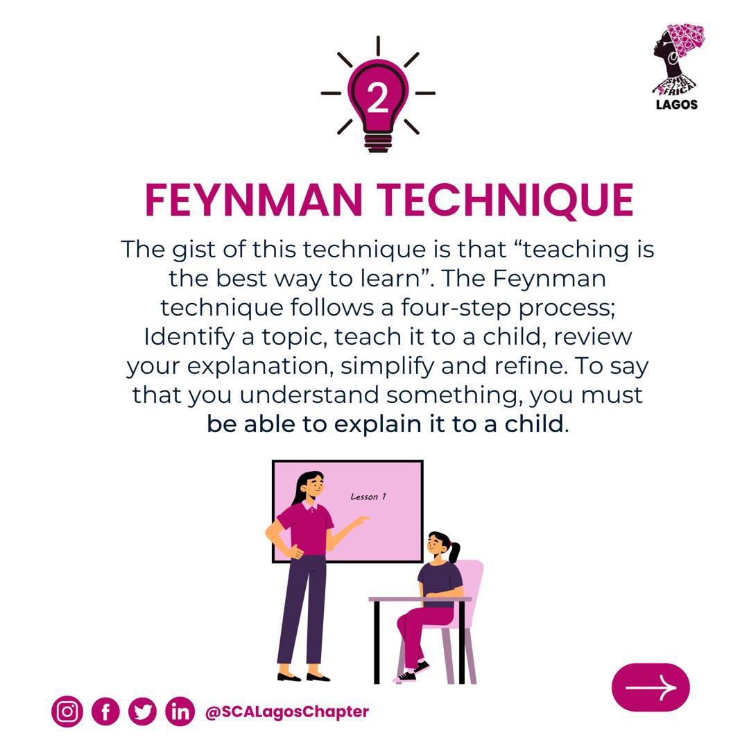 SCALagosChapter's tweet photo. We are constantly learning.
Are we learning effectively?
Here are five techniques that would guarantee effective learning.
A Thread 🧵
#tech #womenintech #learning #activerecall #spacedrepitition #lagos #SCALagos https://t.co/lm8SiOratH