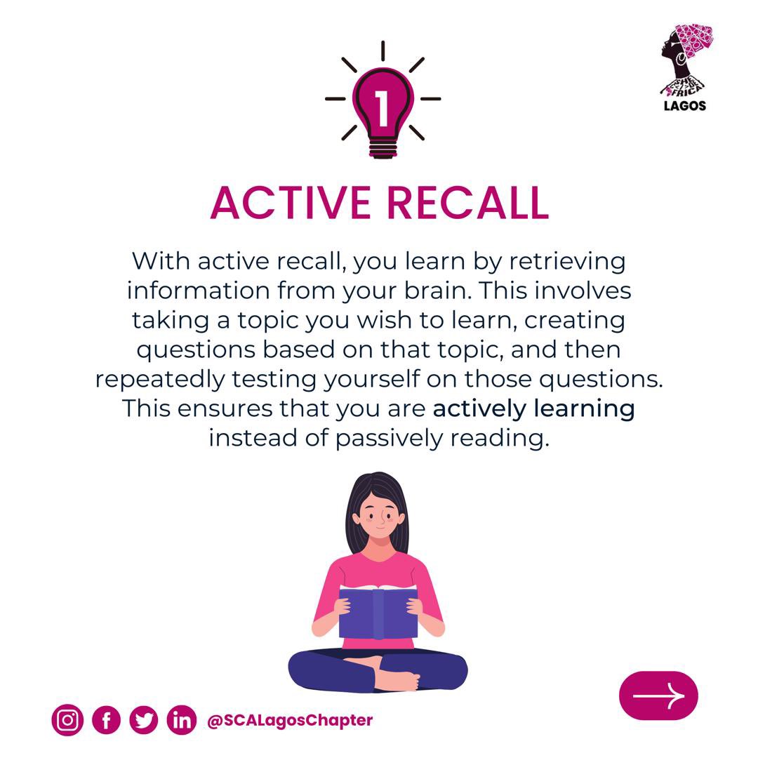 SCALagosChapter's tweet photo. We are constantly learning.
Are we learning effectively?
Here are five techniques that would guarantee effective learning.
A Thread 🧵
#tech #womenintech #learning #activerecall #spacedrepitition #lagos #SCALagos https://t.co/lm8SiOratH