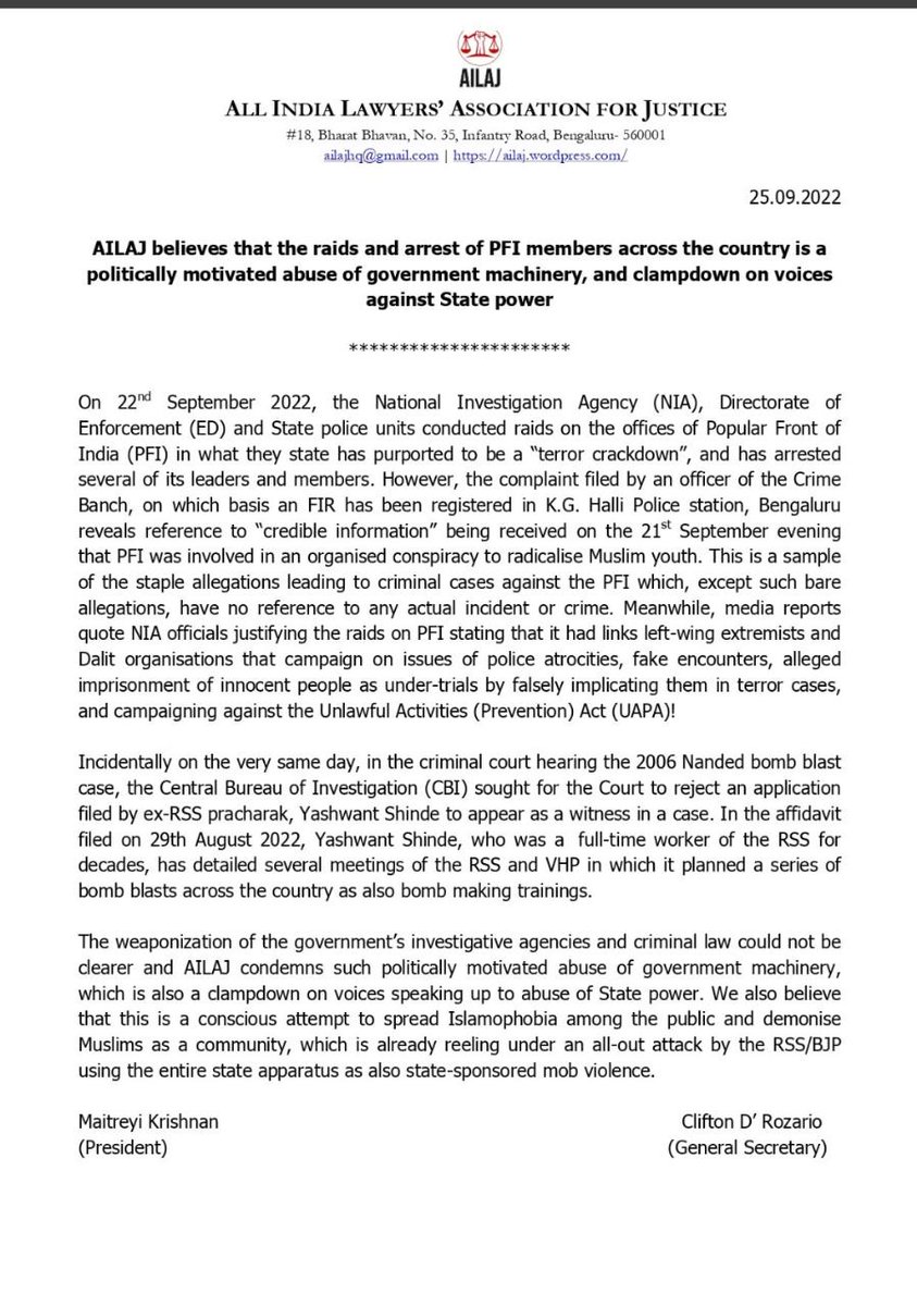 AdilaBanuT's tweet photo. All India Lawyers Association for Justice condemns raids on PFI.

#ReleasePFILeaders 
#IndiaWithPFI https://t.co/fHKTvy8d0L