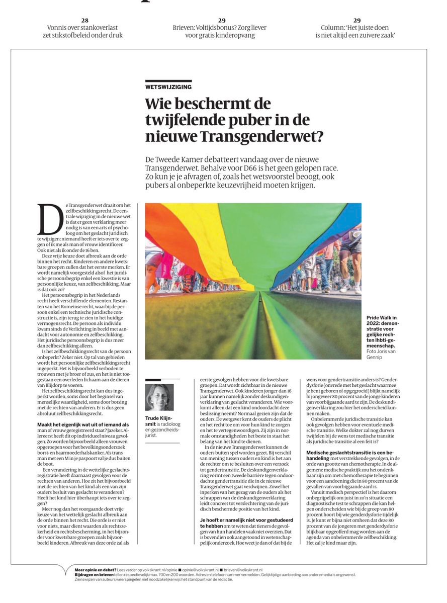 RPlasterk's tweet photo. Een verstandig stuk van arts en gezondheidsjuriste Trude Klijnsmit in de @volkskrant, met pleidooi om de transgenderwet zo niet aan te nemen. D66 is vast niet te overtuigen, maar hopelijk de rest van de Kamer wel. https://t.co/VS8C9cq79X