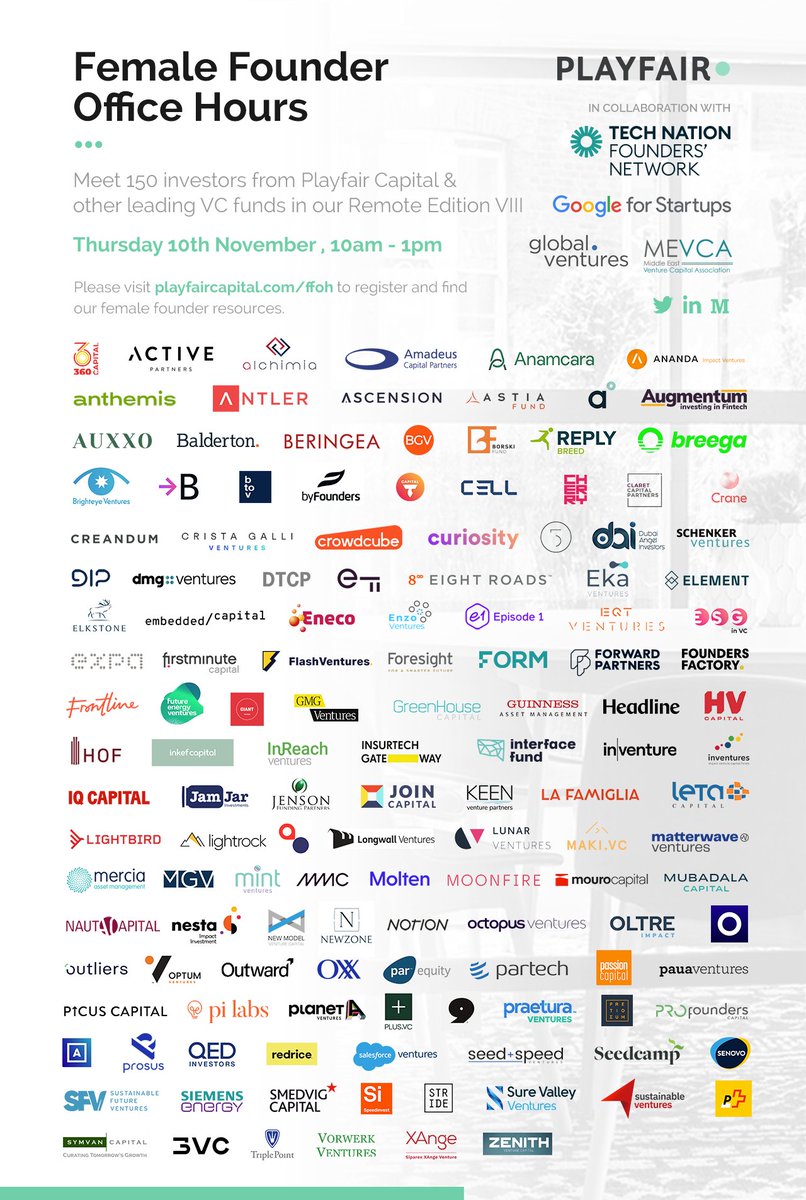 Ananda Impact Ventures (@ananda_ventures) on Twitter photo We’re excited to be participating in Europe & MENA-wide Female Founder Office Hours, hosted by <a href="/playfaircapital/">Playfair</a>,<a href="/GlobalVC_MENA/">Global Ventures</a>,<a href="/me_vca/">Middle East Venture Capital Association</a>, <a href="/TechNation/">Tech Nation</a>, <a href="/googlestartups/">Google for Startups</a> on 10th Nov 2022 alongside 150 VCs
Register here:
bit.ly/3flKsXI
#officehours #femalefounders #access We’re excited to be participating in Europe & MENA-wide Female Founder Office Hours, hosted by <a href="/playfaircapital/">Playfair</a>,<a href="/GlobalVC_MENA/">Global Ventures</a>,<a href="/me_vca/">Middle East Venture Capital Association</a>, <a href="/TechNation/">Tech Nation</a>, <a href="/googlestartups/">Google for Startups</a> on 10th Nov 2022 alongside 150 VCs
Register here:
bit.ly/3flKsXI
#officehours #femalefounders #access