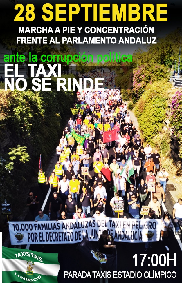 FAAT_Andalucia's tweet photo. El miércoles #28S convocamos al #TAXI Andaluz a una concentración en el @ParlamentoAnd para la defensa de su futuro, la subsistencia de sus familias y por una regulación de VTC que no mate al #taxi

¡Más unidos y fuertes que nunca! 

#DEP el taxi por #DECRETAZO de @JuanMa_Moreno https://t.co/StQem7kleJ