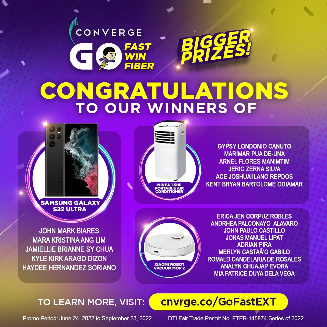 ExperienceCNVRG's tweet photo. Congratulations to the lucky winners of the third monthly draw of our #GoFastGoWinGoFiber promo! Nagka fast internet ka na, nanalo ka pa sa raffle! Make sure to follow our page for more raffle promos!
DTI Fair Trade Permit No. FTEB-145874 Series of 2022 https://t.co/FimW3CwbWA