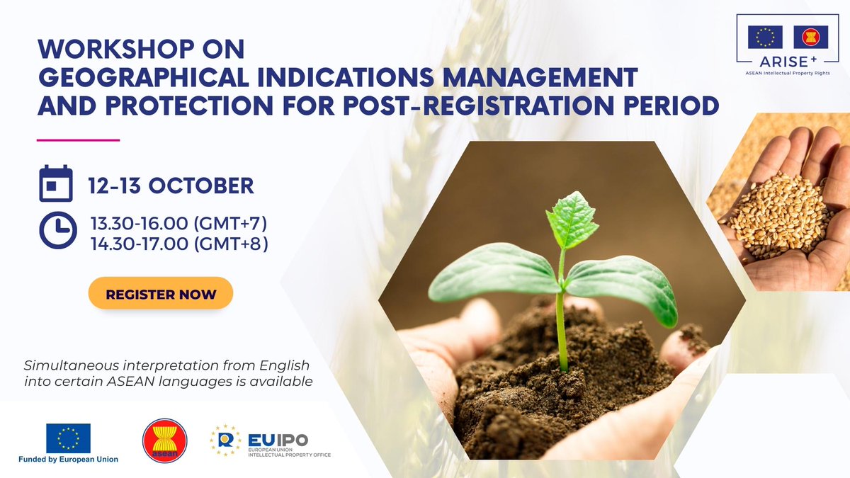 EUIPcooperation's tweet photo. Find out how to manage and protect registered #GeographicalIndications (GIs) in "Workshop on GI management and protection for post-GI registration period" from #ARISEplusIPR
๐ 12-13 Oct
๐ 13.30-16.00 (GMT+7)
๐ป Via Zoom
Register now ๐๐ผ https://t.co/pQvOuWq3il https://t.co/GKnfStZSza