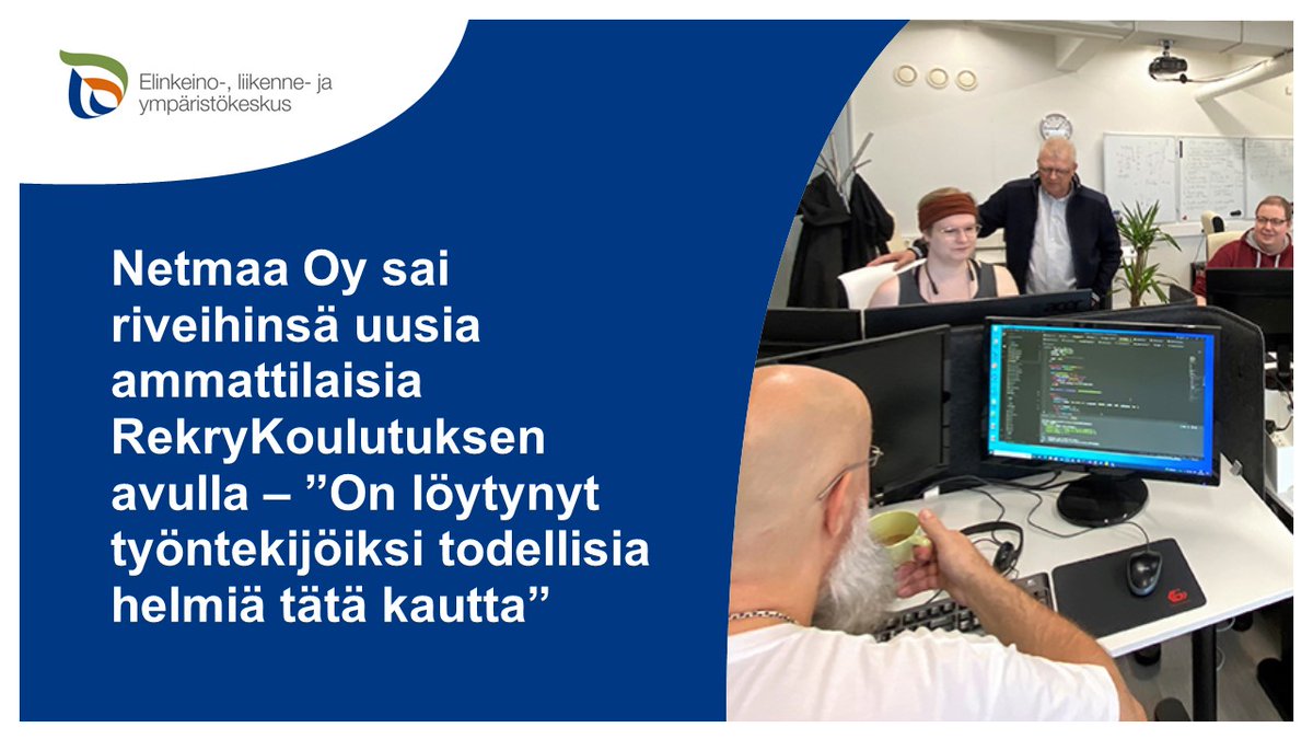 PirkanmaanELY's tweet photo. Kun Netmaa ei löytänyt markkinoilta sopivia ohjelmistokehittäjiä, apuun otettiin yksilöllinen RekryKoulutus. Näin saatiin aikaan juuri Netmaan tarpeisiin suunniteltuja RekryKoulutuksia. Parhaillaan koulutuksessa on 5 opiskelijaa.
https://t.co/w70Au6kern
#ELYkeskus #RekryKoulutus https://t.co/3IFKRlpZv2