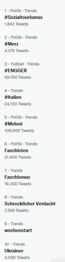 HaChri_'s tweet photo. Der aktuelle geTwitterbericht:
#Merz liebt den #Sozialtourismus des Fußballspiels #ENGGER  in #Italien. #Meloni begeistert der faschisten Faschismus. Ein schrecklicher Verdacht legt nahe das zum wochenstart natürlich die Ukrainer dahinter stecken würden. https://t.co/nfhmHa4Ox8