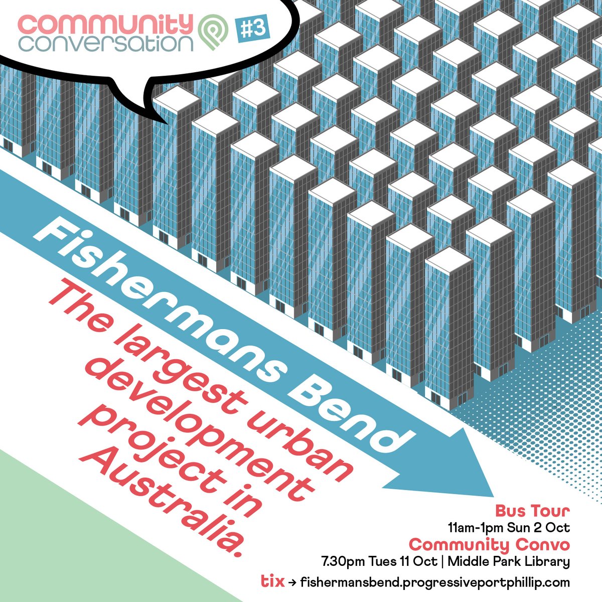 progportphillip's tweet photo. THIS SUNDAY: 1st part of Community Convo #3: a #FishermansBend Community Conversation &amp; Bus Tour. 
Explore &amp; discuss issues around the largest #UrbanDevelopment project in Aus. Conducted bus tour 11am Sun 2 Oct → Community Convo 7.30pm Tues 11 Oct. Tix → https://t.co/pOGXlsuX0a https://t.co/bhgQfwlsj1