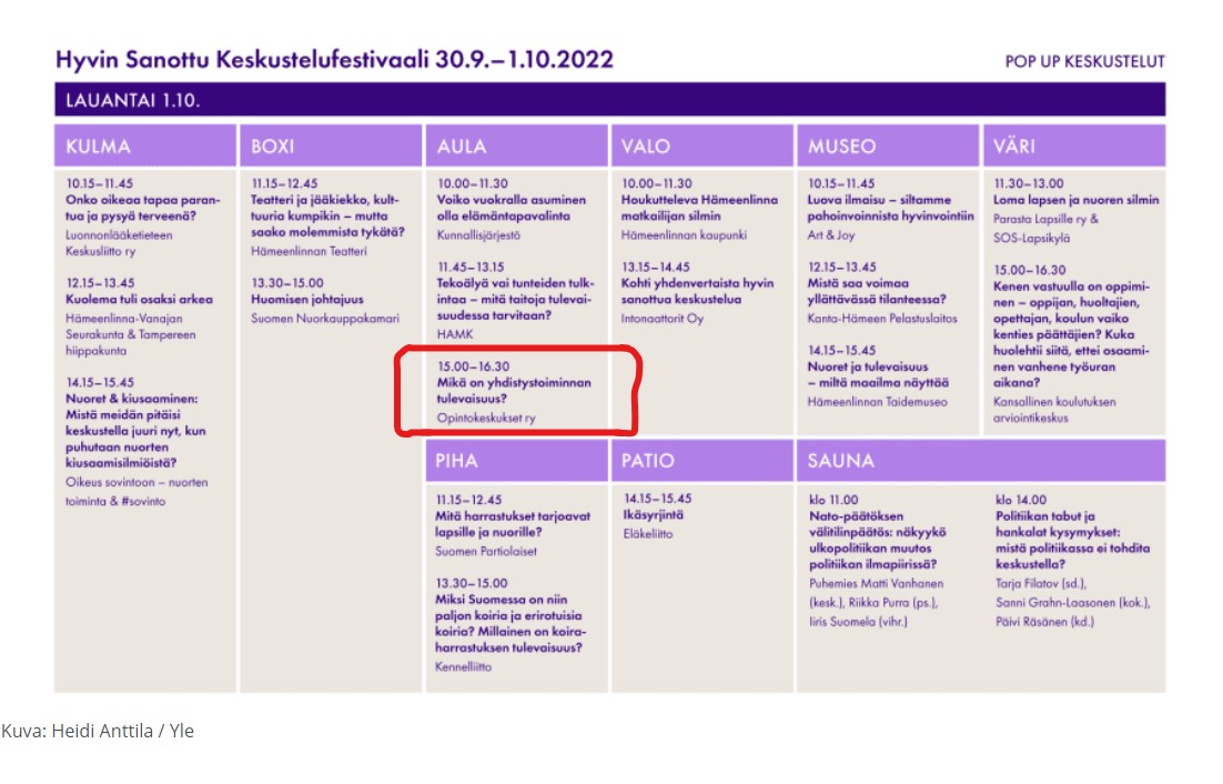opintokeskukset's tweet photo. Yhdistystoiminnan tulevaisuus ? 
Keskustelu @hyvinsanottu -festivaalilla  
1.10.  15-16.30 
Mukana
@EveliinaHostila  @spietikainen @PirjoSeulamo @EveliinaHostila @ValtonenSusanna @AnneIlvonen 
#PaulaHelin #KatiLiikonen #AnnaLenkewitzSalminen  

Lue lisää
https://t.co/HzOIARKvgp https://t.co/XwCjIkUwLD