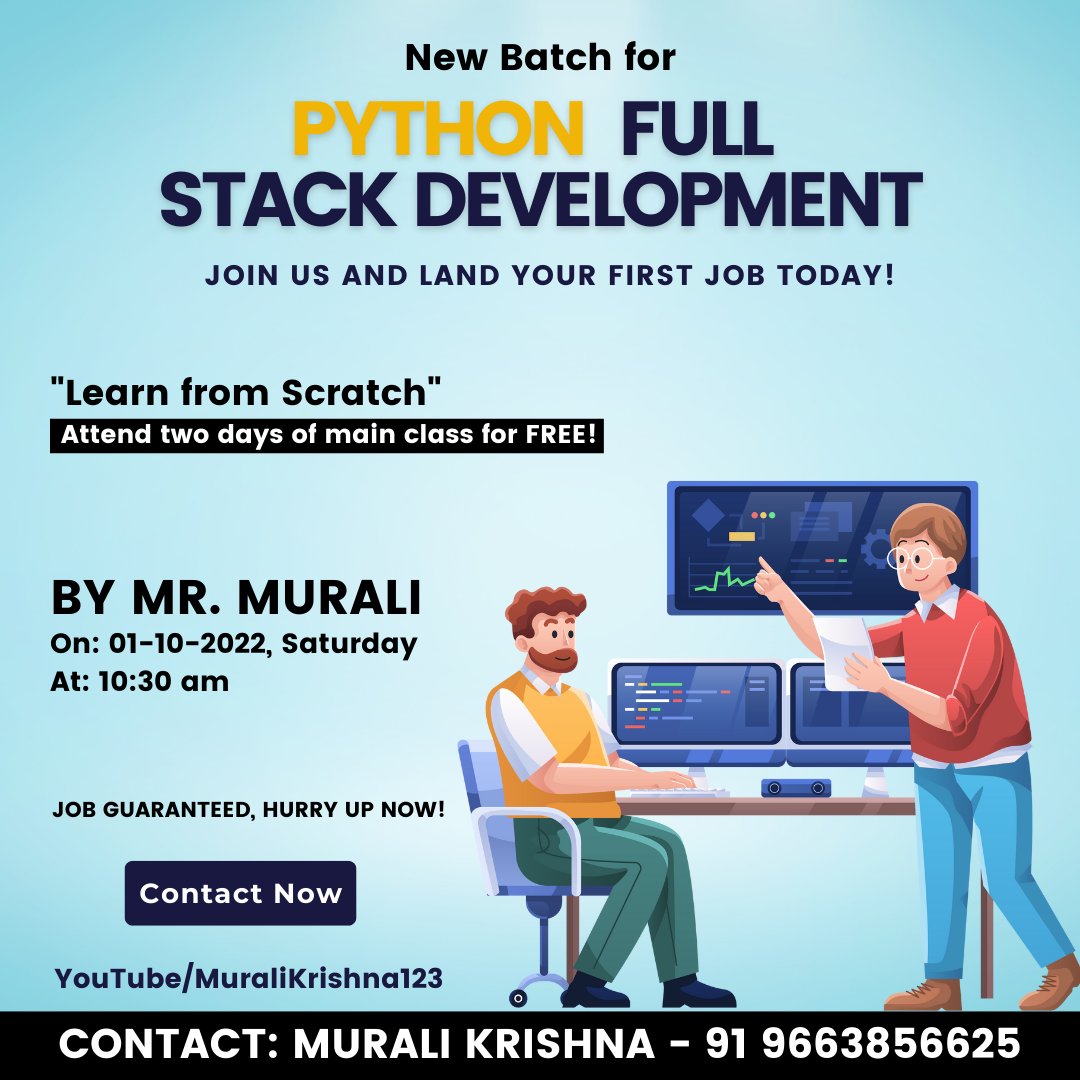 vmurali100's tweet photo. Are you looking for a job as a developer? ๐ป
Get two days of main class for FREE!
Taught By Mr. Murali Krishna
Hash tag : #webdev #webdeveloper #javascript #kotlin #backenddeveloper #nodejs #python #androiddeveloper #javascriptdeveloper #forntenddeveloper #htmlcoding https://t.co/vVYdlFRurB