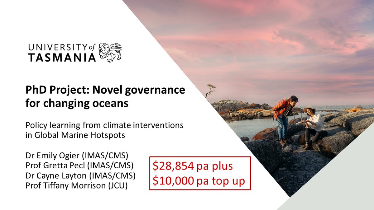 #PhD opportunity with Dr Em Ogier, @CayneLayton, <a href="/TH_Morrison/">Prof Tiffany Morrison</a> &amp; me. Drawing on 'responsible innovation' concepts (considering risk, feasibility &amp; ethics), this project identifies factors that enhance or hinder responsible interventions.

More details here: utas.edu.au/research/degre…