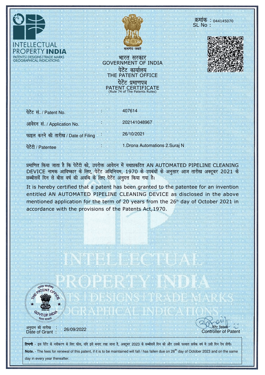DronaAutomation's tweet photo. Drona Automations has been Granted #Patent on one of its Product.
Product : Robot to Clean and Inspect Sewer Pipes of Manholes and Commercial Buildings
Thanks to Aumirah Patent Service Company for their services to get this patent Granted. https://t.co/VTZXoDATFr