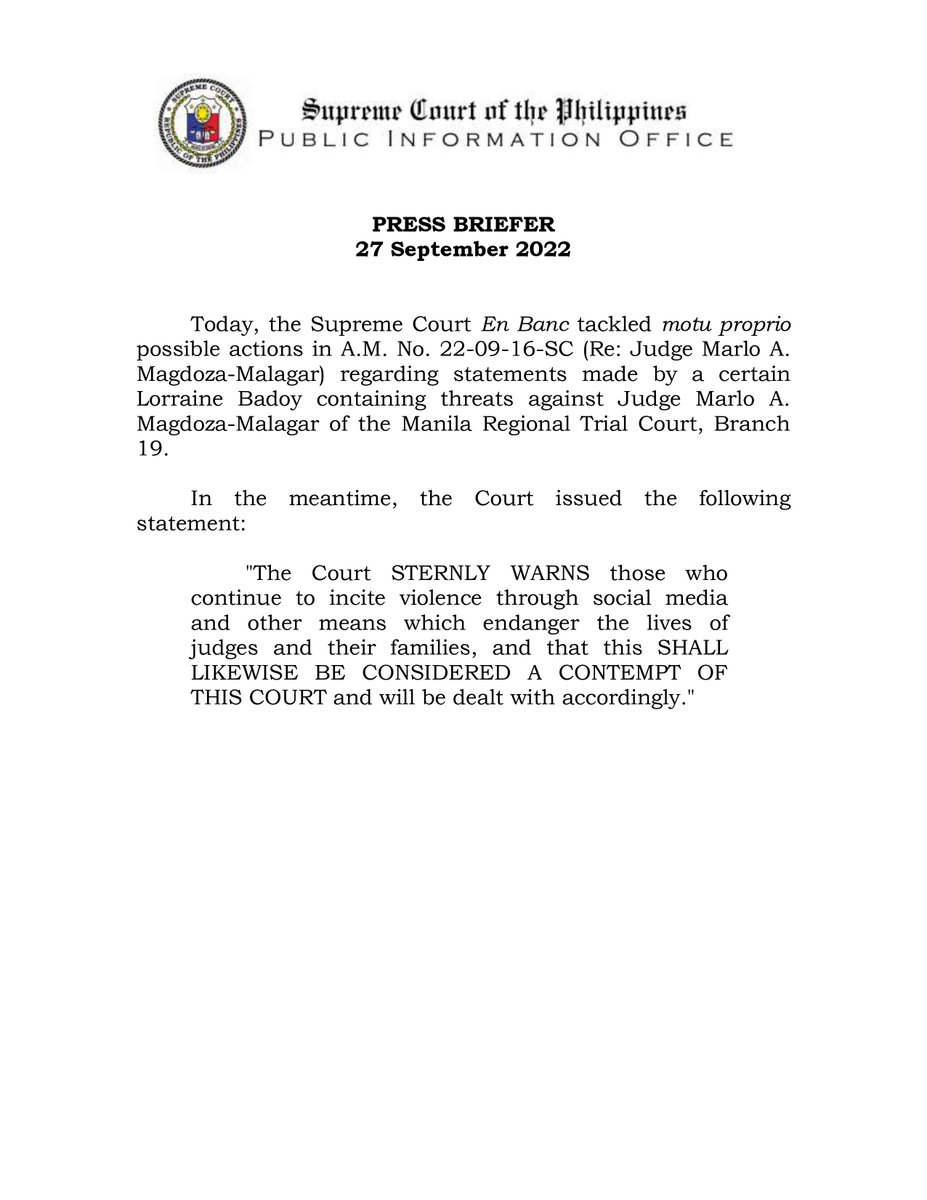SCPh_PIO's tweet photo. READ: The Supreme Court En Banc tackled possible actions regarding statements made containing threats against a Manila Regional Trial Court judge. https://t.co/TengsdZhv0