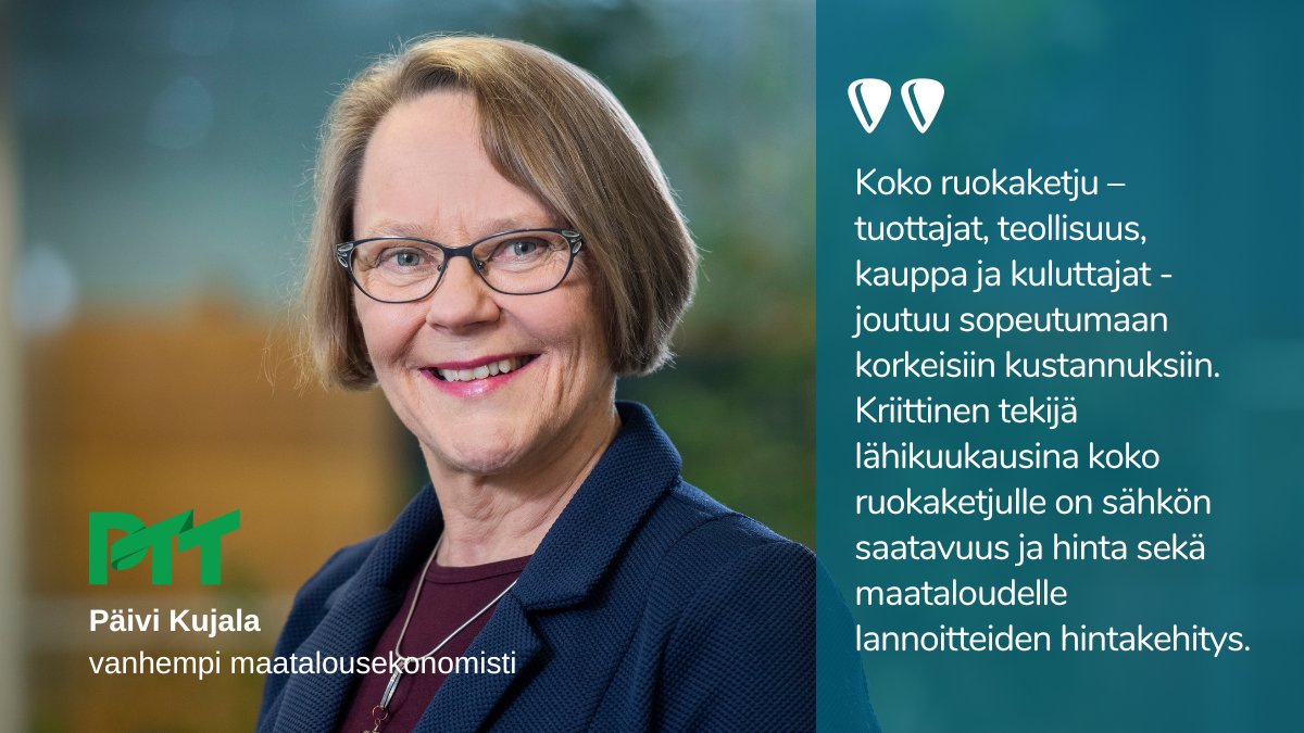 PTTfi's tweet photo. Syksyn maa- ja elintarviketalouden ennusteemme on nyt julki:

Ruuan tuotannon kustannukset ja ruuan kuluttajahinnat jäävät totuttua korkeammalle tasolle ainakin ensi vuoden ajaksi, Hurjat hintapiikit muun muassa lannoitteissa ja energiassa taittuvat 2023.

https://t.co/AGJEB5LiBl https://t.co/8NsYlGyHBB
