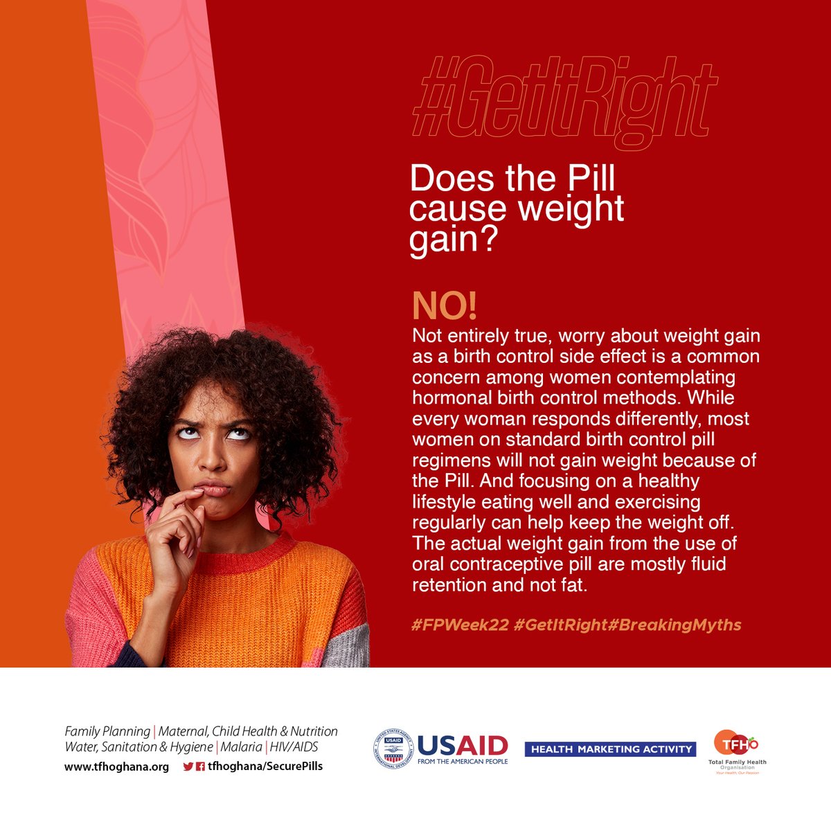tfhoghana's tweet photo. The Oral Contraceptive Pill is not a direct cause of weight gain.
It's about time we #GetItRight
#BreakTheMyth #FPWeek2022 #Secure #Mythbusted https://t.co/JHeDssoZHm
