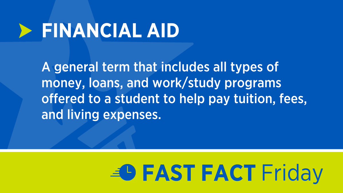 EdUSAinSA's tweet photo. ▶️ Financial aid:  A general term that includes all types of money, loans, and work/study programs offered to a student to help pay tuition, fees, and living expenses.  #FastFactFriday https://t.co/XgCPv8wgd9