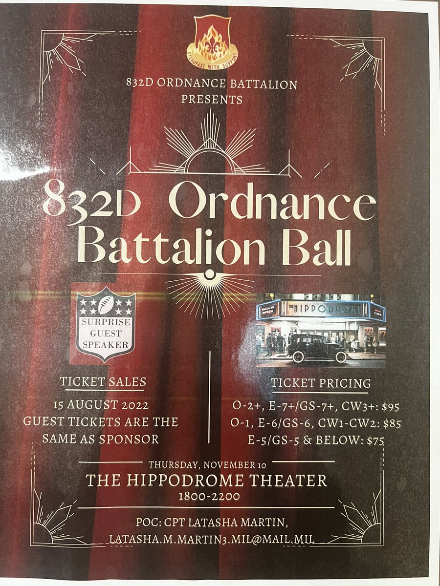Foxtrot832nd's tweet photo. Do you have your tickets yet? We are at 85% Capacity! This event will sell out!! #YouAsked #WeDelivered #OrdnanceBall @832dODBN @CSM_Grant @LTCRobinson_B @MikeCavezza @Ramtahal_Eldred https://t.co/tyVrOmy9UG