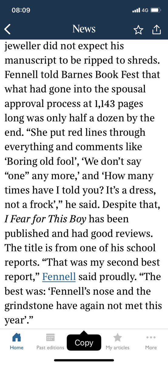 Theo Fennell quoted in @TimesDiary today about asking his wife to review his memoirs. Fabulous last line. I hope some teachers are reading this to get inspiration for future reports!