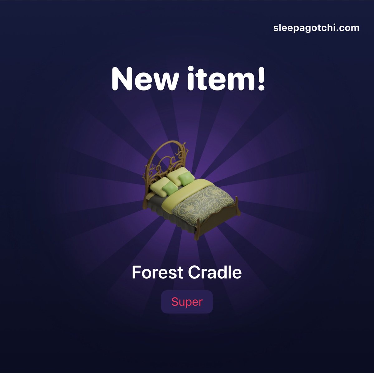 MorrisNFT1's tweet photo. I dropped a super bed “Forest Cradle“ today in the closed alpha of #Sleepagotchi. Chances of that item dropping are 0.13% and the market price for is 1900.00 SHEEP tokens https://t.co/S8kx6uOZxm