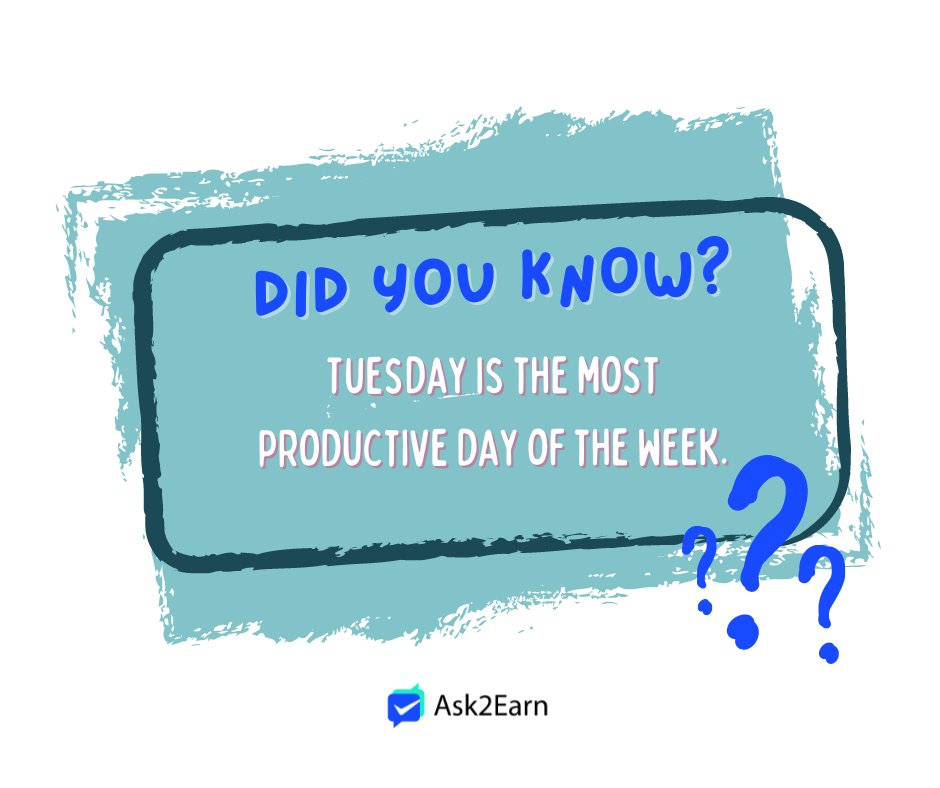 Ask2Earn's tweet photo. Specifically, 39 % of HR managers think employees get the most done on Tuesdays, while 24 % believe productivity peaks on Mondays. After the start of the week, the amount of work getting done seems to drop.

Happy productive Tuesday! 

#Ask2Earn #MixPay https://t.co/1k2A86uQgH