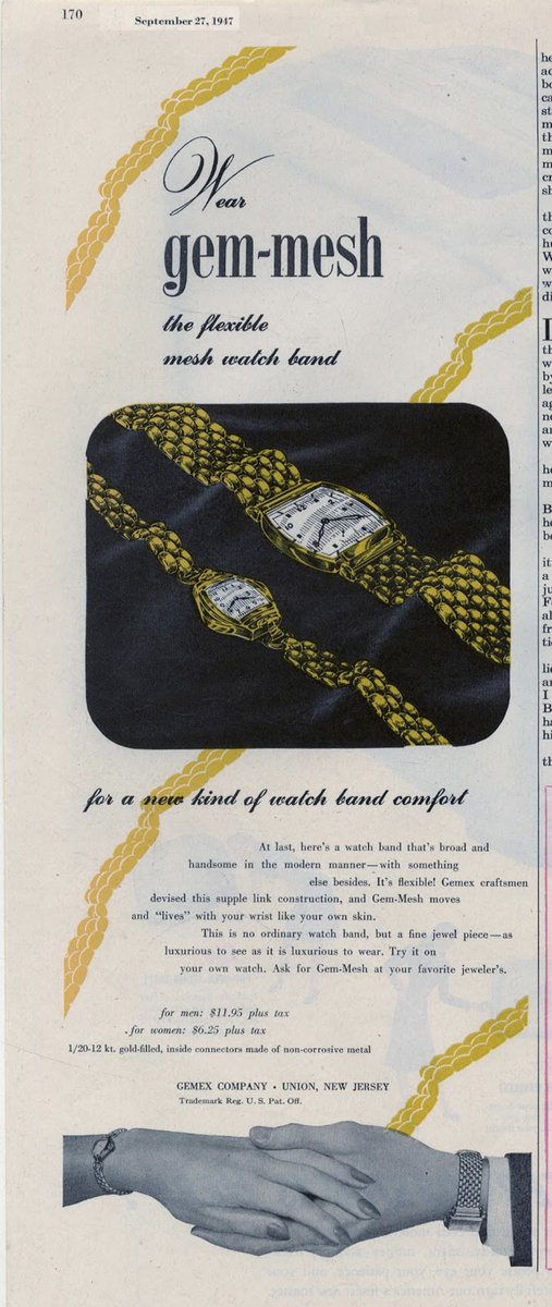 LRonLacy's tweet photo. #OTD in 1947
‘Wear gem-mesh - the flexible mesh watch band for a new kind of watch band comfort’
Gemex Company. September 27, 1947.
#Gemex #watches #mensfashion #womensfashion https://t.co/mVppuu4scZ