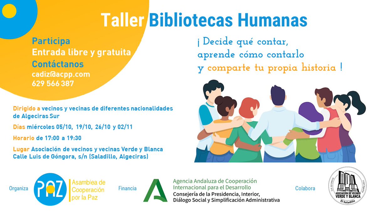 ACPPAndalucia's tweet photo. 🤩 El día 5 de octubre arrancamos el taller de Bibliotecas Humanas en #Algeciras Sur ¡Decide qué contar, aprende a contarlo y comparte tu propia historia! ¡Es gratuito!
✏️ ¡Apúntante en cadiz@acpp.es o 629 566 387!
📌 Asociación de vecinos y vecinas Verde y Blanca
#ESR2020 👇 https://t.co/B8bfNGP6Me
