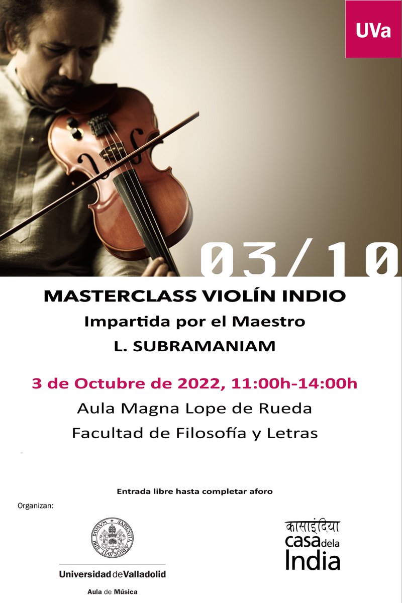 musicologia's tweet photo. 📆 El próximo 3 de octubre el Maestro Subramaniam impartirá una masterclass sobre violín indio en el Aula Magna Lope de Rueda 🎻

Entrada libre hasta completar aforo https://t.co/LbrE8UOSBP