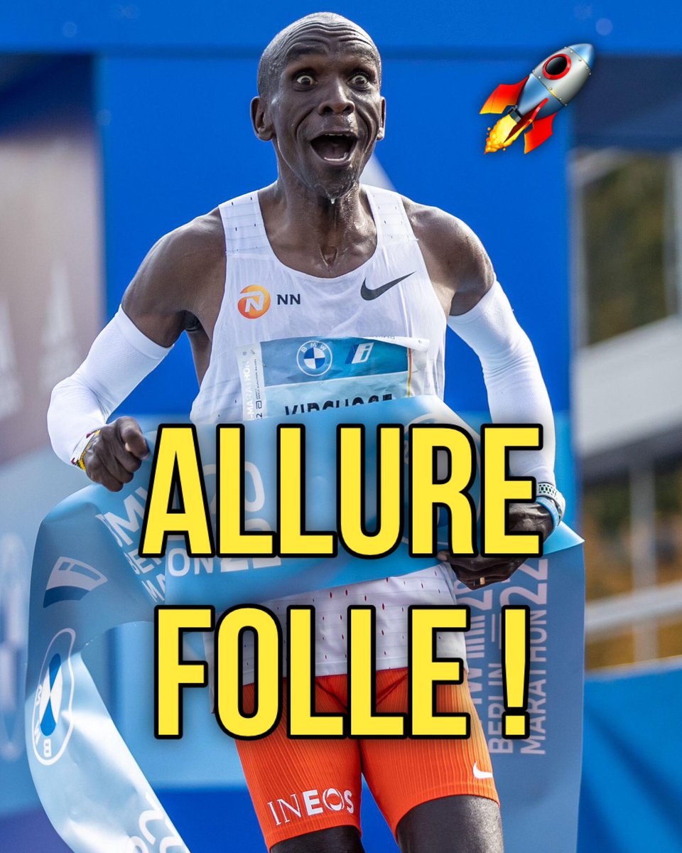 📊 Voici ce que représente l’allure tenue par Eliud Kipchoge (🇰🇪) lors de son world record du marathon :

Par 100m ➡️ 17,2sec
Par 200m ➡️ 34,4sec
Par 400m ➡️ 68,8sec
Par 800m ➡️ 2min17
Par km ➡️ 2min52 
Par 2km ➡️ 5min44 
Par 5km ➡️ 14min21
Par 10km ➡️ 28min42
Par semi ➡️ 1h00.34
