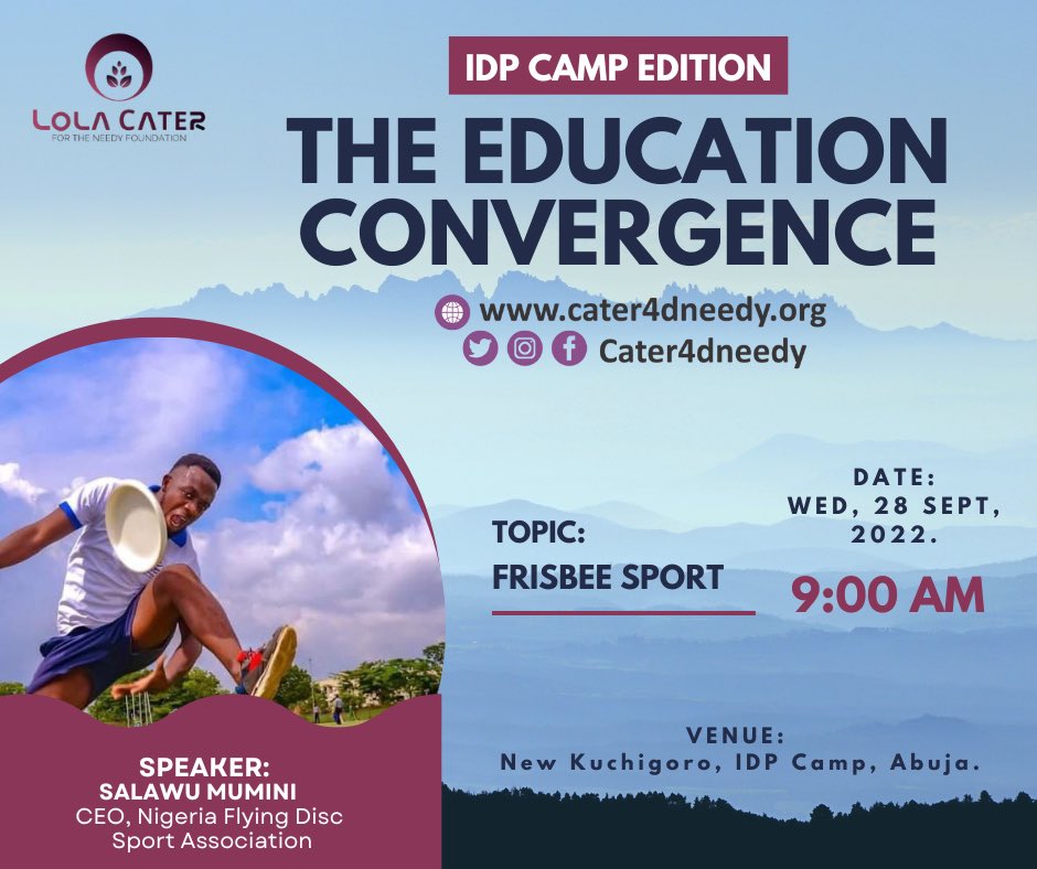 LolaCaterF's tweet photo. It is happening tomorrow!!!!!

#LC4NF The Education Convergence 2022, IDP Camp Edition in Abuja. 
This is a day event for selected children from the 17 IDP camps in Abuja and they will be learning social and life skills from our speakers and side attraction Frisbee Sport. 
#SDG4 https://t.co/kEhp81Ra7g