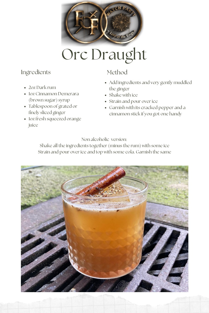 LotrParty's tweet photo. ๐ธDRINKS๐ธ
Our Ep 6 cocktail from @LiquorLore is the "Orc Draught." With cinnamon, ginger, orange juice, dark rum, and topped with a dash of black pepper, this drink has a kick that will give you the fire to #WatchTheRingsOfPower twice.
Drink responsibly!
#FoFWatchParty https://t.co/U9JQxoaEN5