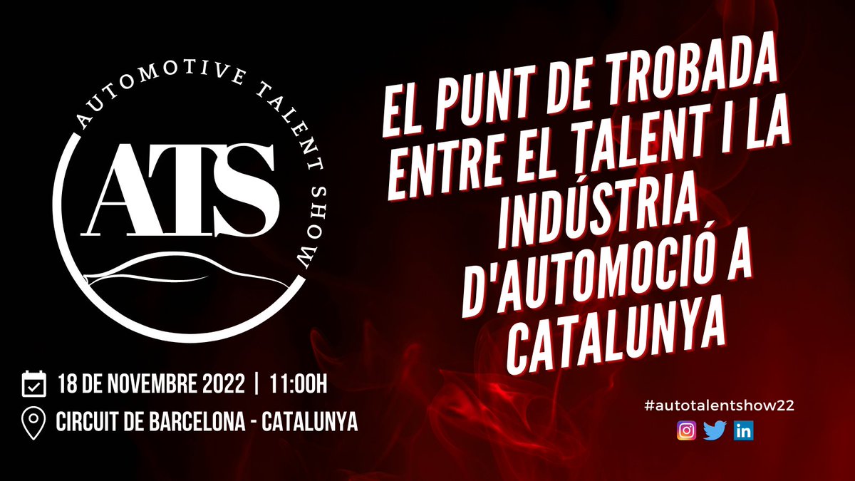 UVic_FCTE's tweet photo. Vine el proper 18 de novembre al Circuit de Barcelona-Catalunya i participa a l'Automotive Talent Show, un edeveniment que té com a objectiu principal ser el punt de trobada entre el talent i la indústria d'Automoció.
#ATS22 @CIACnews @uvic_ucc @UVicLife https://t.co/fWgdjdlRjY