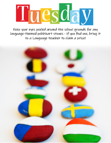 ripleystthomas's tweet photo. This week it's the #EuropeanWeekofLanguages so TODAY (Tuesday)...keep your eyes peeled around the school grounds for any language themed pebbleart stones. If you find one bring it to a language teacher to claim a prize!
#EDOL #RipleyEWOL @RipleyLanguages https://t.co/bm6MSjlzkR