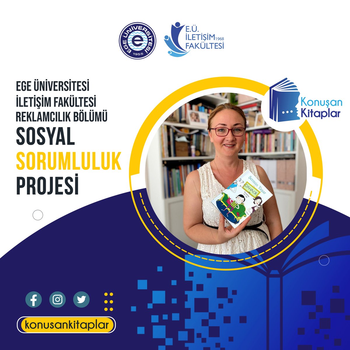 Konuşan Kitaplar Sosyal Sorumluluk Projemizin yeni gönüllü okuyucusu Radyo Ege Kampüs Koordinatörü Öğr. Gör. Gamze Erol projemize katkı sağlamaya devam ediyor. Görme engelli çocuklarımız için Sermin Yaşar'ın “Dahacık” isimli çocuk kitabını seslendirdi. En içten teşekkürlerimizle.