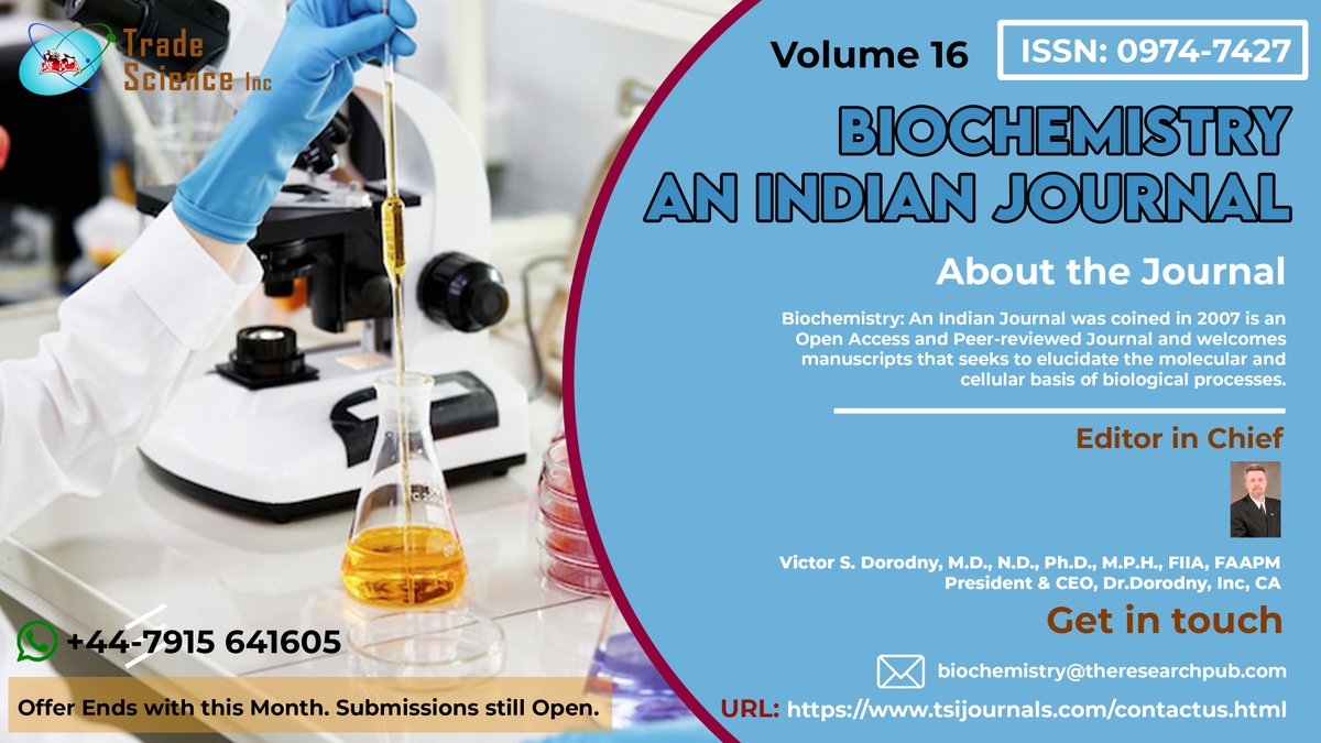 JournalBiochem's tweet photo. #submit and #publish your manuscripts!
For Vol. 16
Submissions can be made:
a. Via Email: indianbiochem@yahoo.com / biochemistry@theresearchpub.com
b. Whatsapp: +44-7915-64-1605
#biochemistry #molecularbiology #enzymes #chembiology #Chemistry #bacteria #Laboratory #pharmacology https://t.co/YGnMO2Hynj