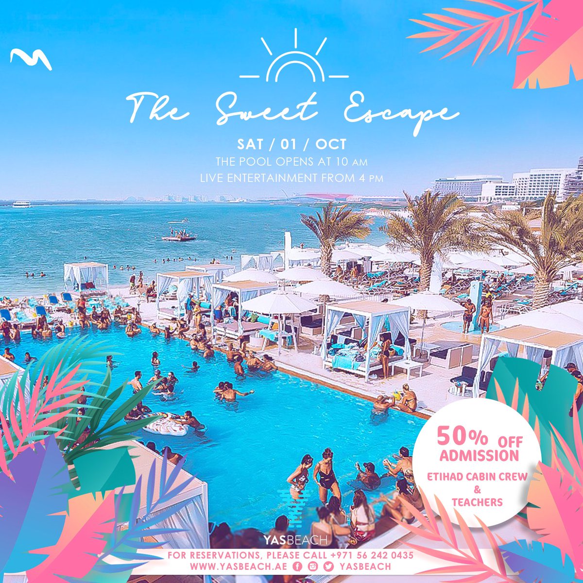 Join us at #YasBeach on Saturday, 1st of October for yet another amazing weekend poolside 💦 Lounge the day away, enjoy live music and magical moments till the sun goes down.
Music by DJ Jay
50% Off Admission for Etihad Cabin Crew &amp; Teachers
Reservations: +971 56 2420435 
Age 21+