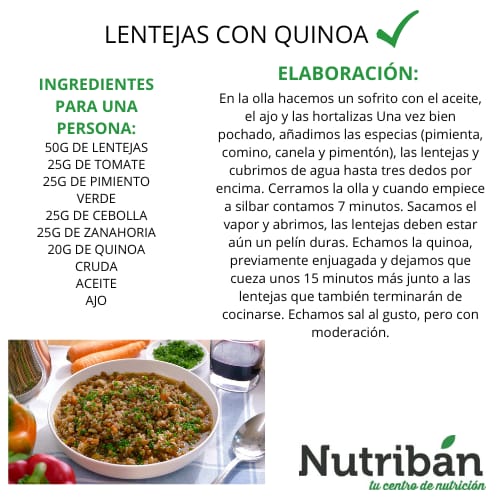 ☆ #Receta de la #semana para comenzar con #energía: 

"#Lentejas con #quinoa" 

☆ En <a href="/nutribandietas/">Nutribán</a>  te aconsejamos sobre los mejores alimentos para estar #saludable y conseguir tus #objetivos. 

#dietistasnutricionistas #recetas #legumbres #lentejas #quinoa #guisos #saludable
