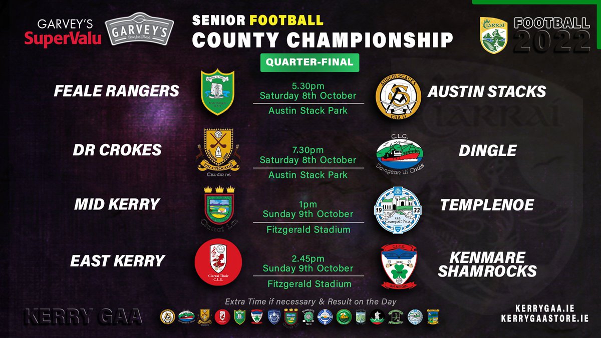 Kerry_Official's tweet photo. 🏐 2022 Garvey's SuperValu County Senior Football Championship Quarter-Final fixtures.

#GarveysSFC #KerryGAA #CountyChampionship https://t.co/vW36kVkGxf