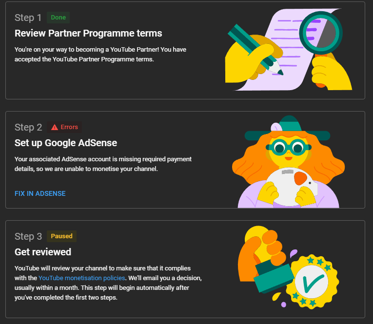 SH4RPY17's tweet photo. @TeamYouTube Hello, I'm am stuck in the YouTube Partner Program Application at step 2 with errors, I can't seem to fix it myself and would love some help please. 
My channel url is : https://t.co/2BiXnN3nfA
the adsense pub ID I believe I want to keep is 
pub-7701472804213398 https://t.co/KlFPV4Jy5E