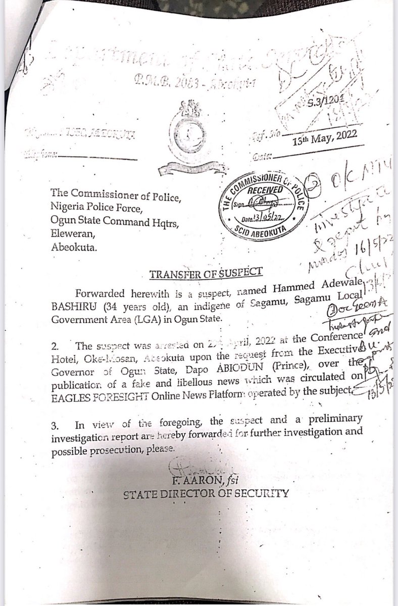Harwohyehmi1's tweet photo. Document from DSS shows how the Tyrant of Ogun state @dabiodunMFR ordered the arrest of Labash! 
#freelahbash https://t.co/YspyyuCKZ4