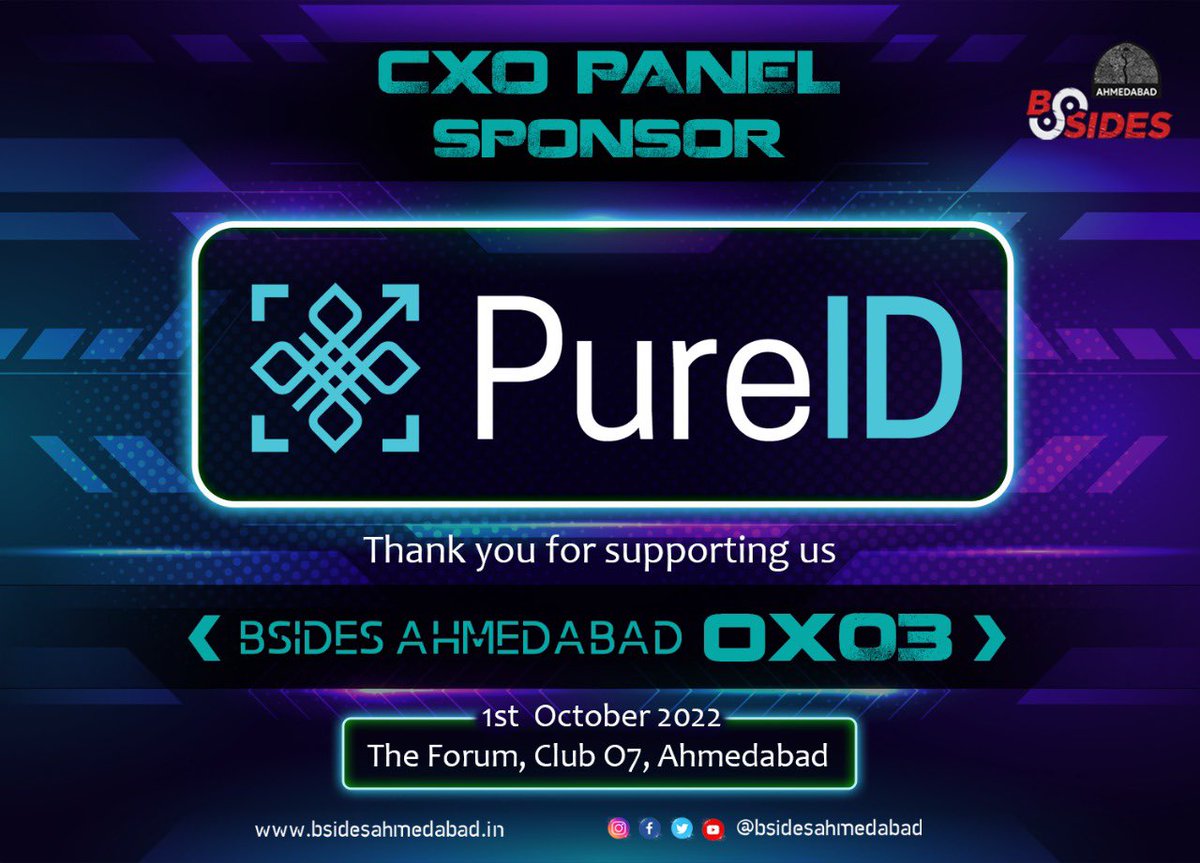 bsidesahmedabad's tweet photo. Welcoming PureID as our CXO Panel Sponsor!
@PureIDLabs 🤝 @bsidesahmedabad
#bsidesahmedabad #securitybsides #pureid #informationsecurity #conference #hacking #password #infosec #ahmedabad #security #sponsor https://t.co/uSlSIw6vS1