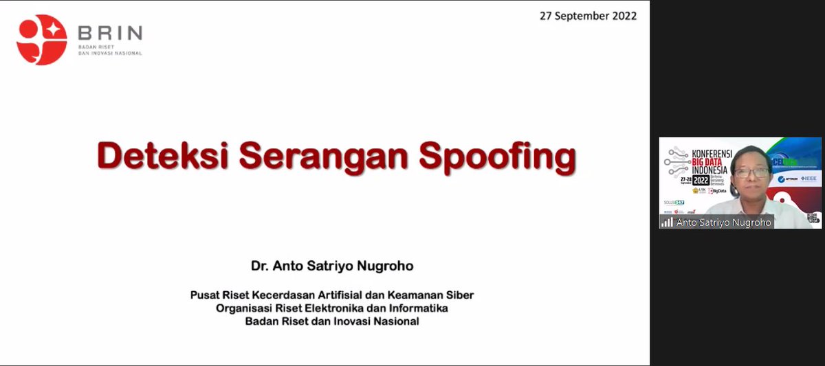 idBigData's tweet photo. Waspada terhadap spoofing!
Mari belajar "Deteksi Serangan Spoofing" bersama Dr. Anto Satriyo Nugroho dari Pusat Riset Kecerdasan Artifisial dan Keamanan Siber BRIN. 

#KonferensiBigDataIndonesia2022 #KBI2022 #idBigdata #BigData https://t.co/SIar93yp23