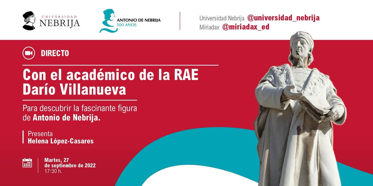 Antonio de Nebrija (@nebrija_de) on Twitter photo Esta tarde (17:30h) mi espíritu se traslada a eso que llaman #Instagram. Hablarán sobre mi legado el catedrático de <a href="/RAEinforma/">RAE</a> Darío Villanueva y la docente de #Nebrija <a href="/helenacasares/">Helena López-Casares, PhD</a>. Les espero en directo en las cuentas de <a href="/Nebrija/">Universidad Nebrija</a> y <a href="/miriadax/">Miríadax</a> #Nebrija500. Esta tarde (17:30h) mi espíritu se traslada a eso que llaman #Instagram. Hablarán sobre mi legado el catedrático de <a href="/RAEinforma/">RAE</a> Darío Villanueva y la docente de #Nebrija <a href="/helenacasares/">Helena López-Casares, PhD</a>. Les espero en directo en las cuentas de <a href="/Nebrija/">Universidad Nebrija</a> y <a href="/miriadax/">Miríadax</a> #Nebrija500.