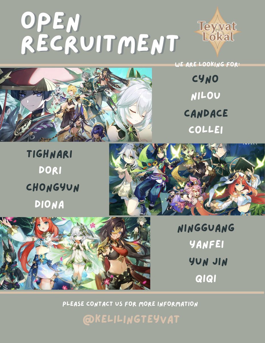 [OPEN RECRUITMENT]

Halo semuanya~ Kali ini TEYVAT LOKAL kembali membuka recruitment untuk beberapa karakter yang tertera dibawah ini. Untuk kalian yang berminat bergabung, silahkan cek thread ini ya~

Hehe, memang kali ini lebih awal sedikit dari jadwal karena besok ada sesuatu!