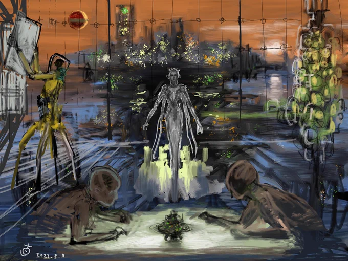 清水建設『SFプロトタイピング』のためのSFイラスト(制作過程)です。SFイラストは、コンセプトアートや、たとえば建築物の完成予想図とは少し違っていて、そこに『思想や感情の創作的表現』を混ぜるのが僕のやりかたなのでした。  