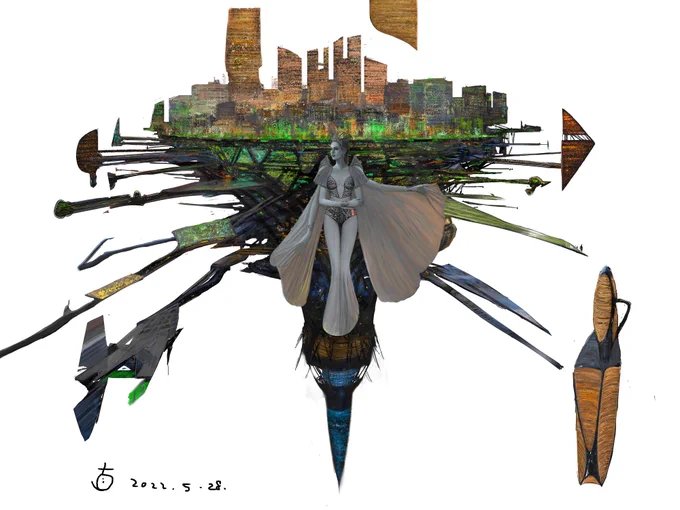 清水建設『SFプロトタイピング』のためのSFイラスト(制作過程)です。SFイラストは、コンセプトアートや、たとえば建築物の完成予想図とは少し違っていて、そこに『思想や感情の創作的表現』を混ぜるのが僕のやりかたなのでした。  